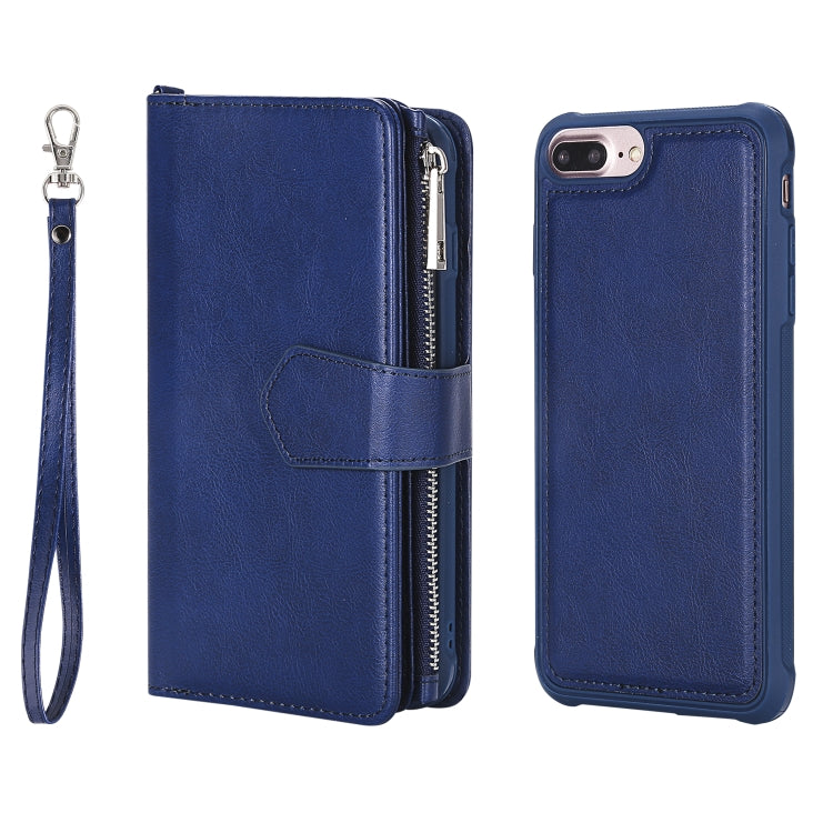For iPhone 7 Plus / 8 Plus 2 in 1 Solid Color Zipper Shockproof Protective Case with Card Slots & Bracket & Photo Holder & Wallet Function(Blue) - More iPhone Cases by buy2fix | Online Shopping UK | buy2fix