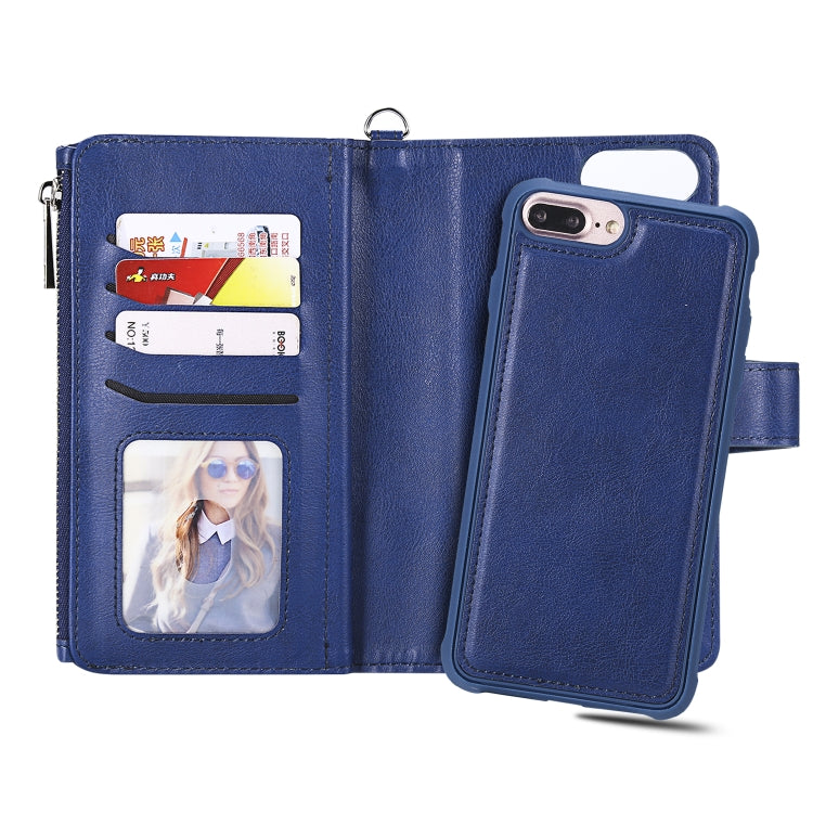 For iPhone 7 Plus / 8 Plus 2 in 1 Solid Color Zipper Shockproof Protective Case with Card Slots & Bracket & Photo Holder & Wallet Function(Blue) - More iPhone Cases by buy2fix | Online Shopping UK | buy2fix