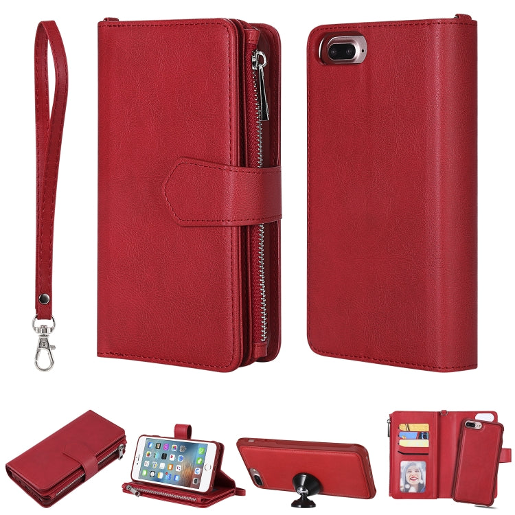 For iPhone 7 Plus / 8 Plus 2 in 1 Solid Color Zipper Shockproof Protective Case with Card Slots & Bracket & Photo Holder & Wallet Function(Red) - More iPhone Cases by buy2fix | Online Shopping UK | buy2fix
