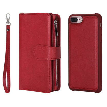 For iPhone 7 Plus / 8 Plus 2 in 1 Solid Color Zipper Shockproof Protective Case with Card Slots & Bracket & Photo Holder & Wallet Function(Red) - More iPhone Cases by buy2fix | Online Shopping UK | buy2fix