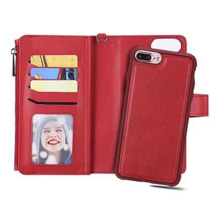 For iPhone 7 Plus / 8 Plus 2 in 1 Solid Color Zipper Shockproof Protective Case with Card Slots & Bracket & Photo Holder & Wallet Function(Red) - More iPhone Cases by buy2fix | Online Shopping UK | buy2fix
