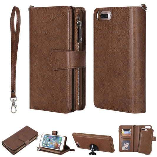For iPhone 7 Plus / 8 Plus 2 in 1 Solid Color Zipper Shockproof Protective Case with Card Slots & Bracket & Photo Holder & Wallet Function(Brown) - More iPhone Cases by buy2fix | Online Shopping UK | buy2fix
