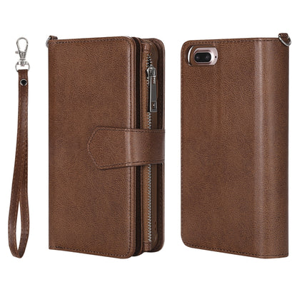 For iPhone 7 Plus / 8 Plus 2 in 1 Solid Color Zipper Shockproof Protective Case with Card Slots & Bracket & Photo Holder & Wallet Function(Brown) - More iPhone Cases by buy2fix | Online Shopping UK | buy2fix