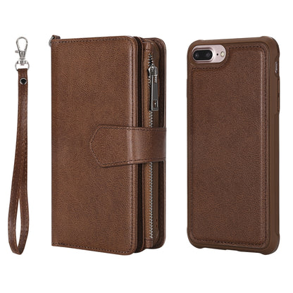 For iPhone 7 Plus / 8 Plus 2 in 1 Solid Color Zipper Shockproof Protective Case with Card Slots & Bracket & Photo Holder & Wallet Function(Brown) - More iPhone Cases by buy2fix | Online Shopping UK | buy2fix