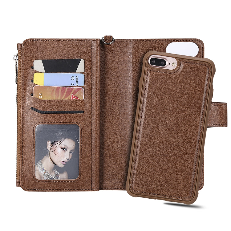 For iPhone 7 Plus / 8 Plus 2 in 1 Solid Color Zipper Shockproof Protective Case with Card Slots & Bracket & Photo Holder & Wallet Function(Brown) - More iPhone Cases by buy2fix | Online Shopping UK | buy2fix