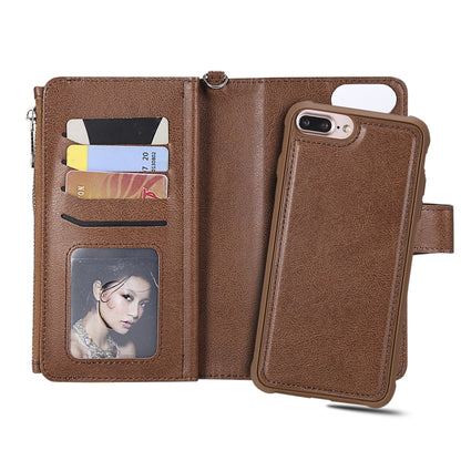 For iPhone 7 Plus / 8 Plus 2 in 1 Solid Color Zipper Shockproof Protective Case with Card Slots & Bracket & Photo Holder & Wallet Function(Brown) - More iPhone Cases by buy2fix | Online Shopping UK | buy2fix