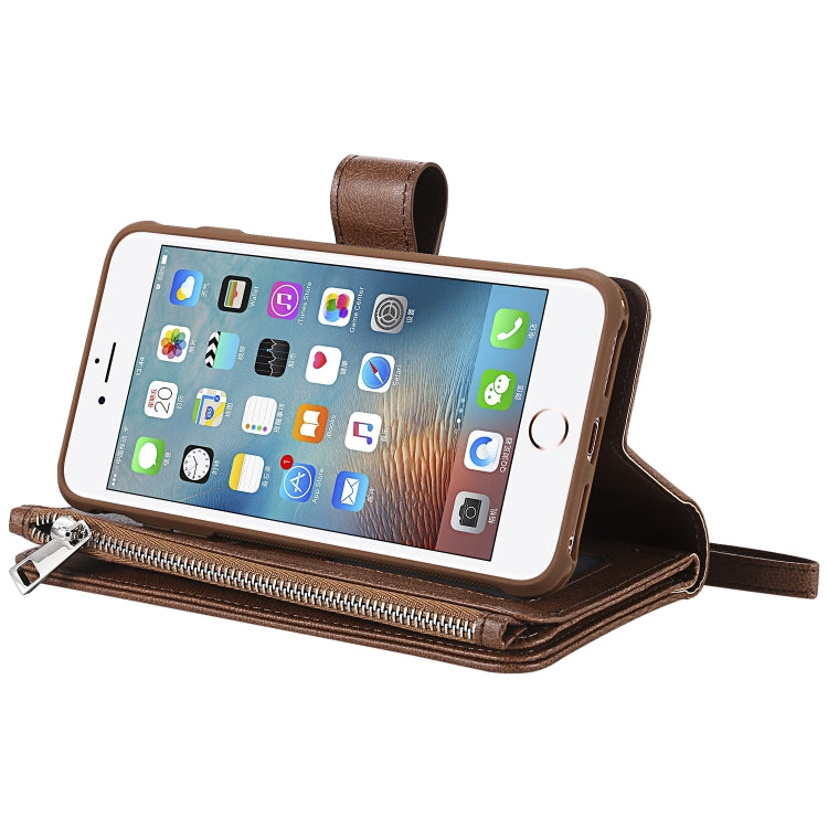 For iPhone 7 Plus / 8 Plus 2 in 1 Solid Color Zipper Shockproof Protective Case with Card Slots & Bracket & Photo Holder & Wallet Function(Brown) - More iPhone Cases by buy2fix | Online Shopping UK | buy2fix