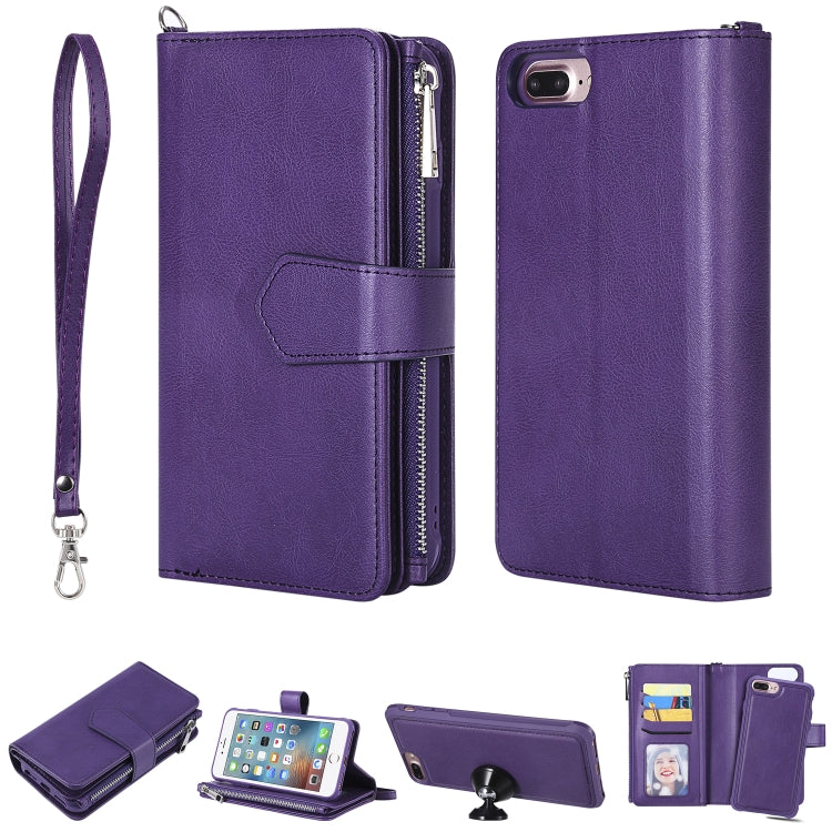 For iPhone 7 Plus / 8 Plus 2 in 1 Solid Color Zipper Shockproof Protective Case with Card Slots & Bracket & Photo Holder & Wallet Function(Purple) - More iPhone Cases by buy2fix | Online Shopping UK | buy2fix