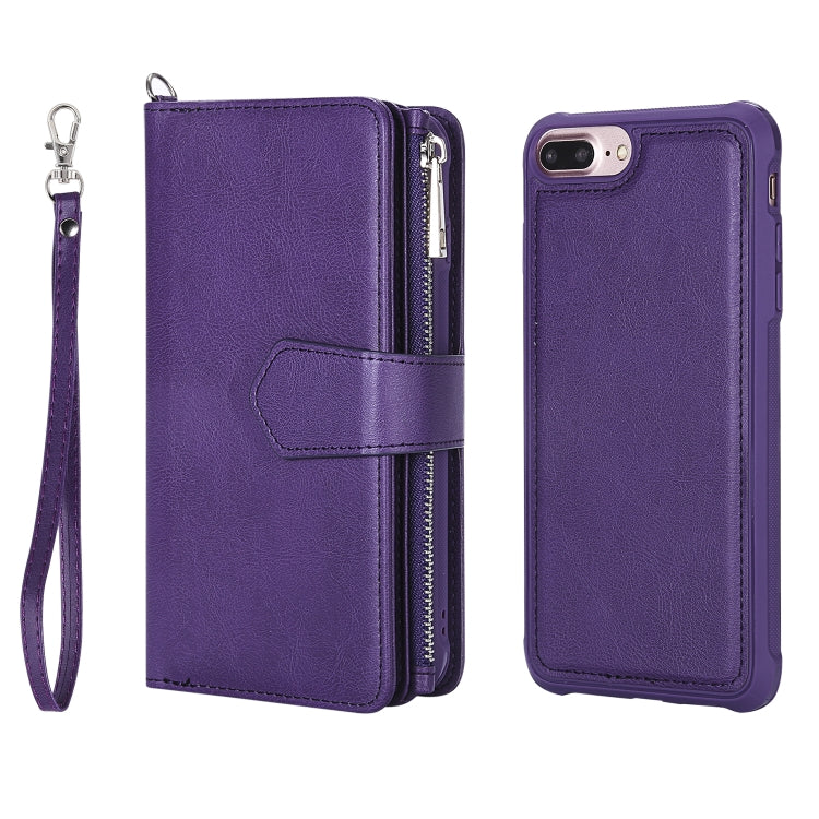 For iPhone 7 Plus / 8 Plus 2 in 1 Solid Color Zipper Shockproof Protective Case with Card Slots & Bracket & Photo Holder & Wallet Function(Purple) - More iPhone Cases by buy2fix | Online Shopping UK | buy2fix
