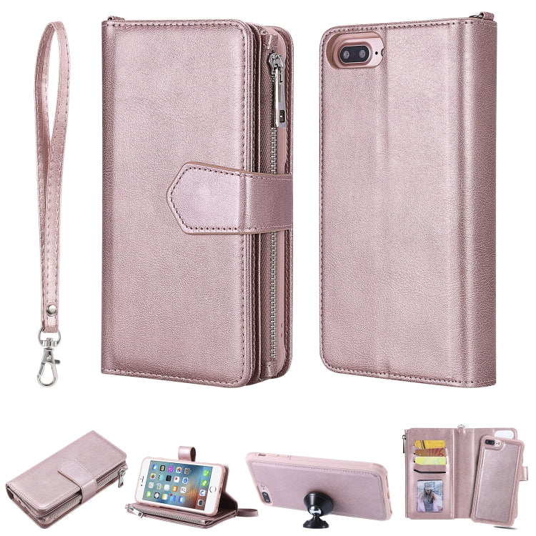 For iPhone 7 Plus / 8 Plus 2 in 1 Solid Color Zipper Shockproof Protective Case with Card Slots & Bracket & Photo Holder & Wallet Function(Rose Gold) - More iPhone Cases by buy2fix | Online Shopping UK | buy2fix