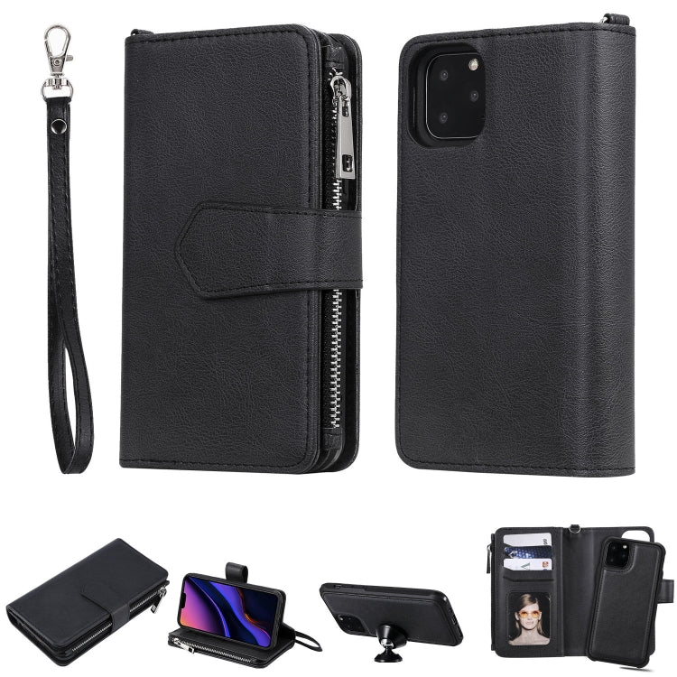 For iPhone 11 Pro 2 in 1 Solid Color Zipper Shockproof Protective Case with Card Slots & Bracket & Photo Holder & Wallet Function(Black) - iPhone 11 Pro Cases by buy2fix | Online Shopping UK | buy2fix