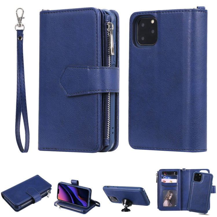 For iPhone 11 Pro 2 in 1 Solid Color Zipper Shockproof Protective Case with Card Slots & Bracket & Photo Holder & Wallet Function(Blue) - iPhone 11 Pro Cases by buy2fix | Online Shopping UK | buy2fix