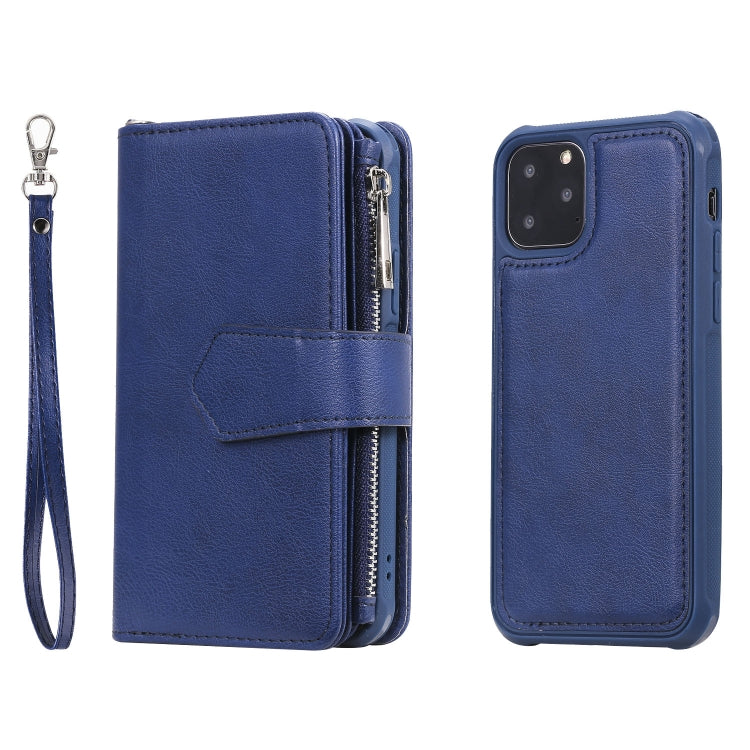 For iPhone 11 Pro 2 in 1 Solid Color Zipper Shockproof Protective Case with Card Slots & Bracket & Photo Holder & Wallet Function(Blue) - iPhone 11 Pro Cases by buy2fix | Online Shopping UK | buy2fix