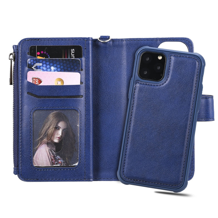 For iPhone 11 Pro 2 in 1 Solid Color Zipper Shockproof Protective Case with Card Slots & Bracket & Photo Holder & Wallet Function(Blue) - iPhone 11 Pro Cases by buy2fix | Online Shopping UK | buy2fix