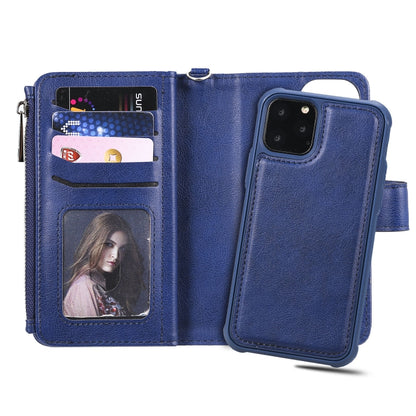 For iPhone 11 Pro 2 in 1 Solid Color Zipper Shockproof Protective Case with Card Slots & Bracket & Photo Holder & Wallet Function(Blue) - iPhone 11 Pro Cases by buy2fix | Online Shopping UK | buy2fix