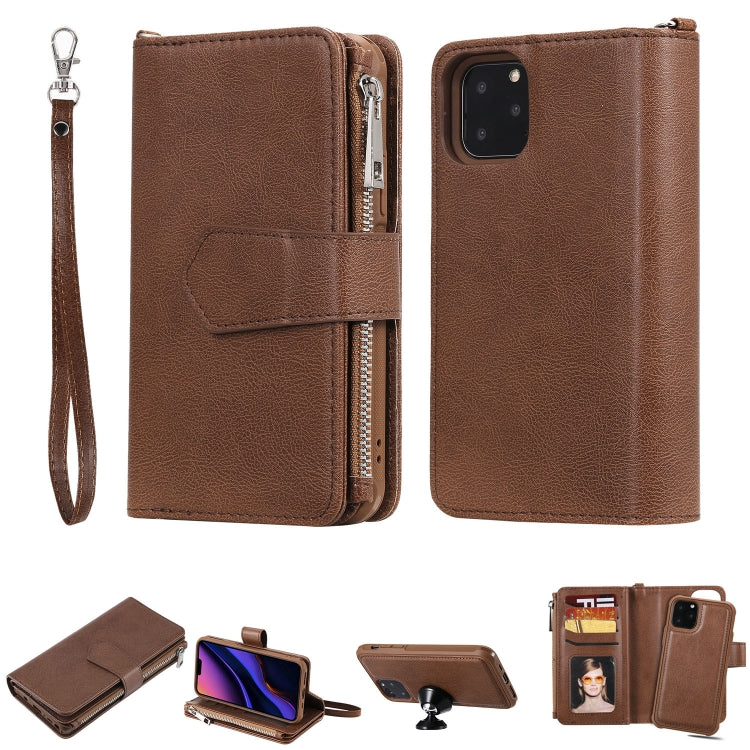 For iPhone 11 Pro 2 in 1 Solid Color Zipper Shockproof Protective Case with Card Slots & Bracket & Photo Holder & Wallet Function(Brown) - iPhone 11 Pro Cases by buy2fix | Online Shopping UK | buy2fix