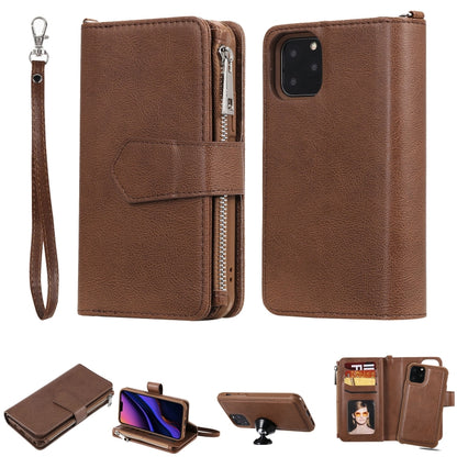 For iPhone 11 Pro 2 in 1 Solid Color Zipper Shockproof Protective Case with Card Slots & Bracket & Photo Holder & Wallet Function(Brown) - iPhone 11 Pro Cases by buy2fix | Online Shopping UK | buy2fix