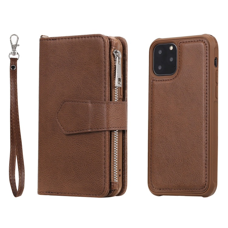 For iPhone 11 Pro 2 in 1 Solid Color Zipper Shockproof Protective Case with Card Slots & Bracket & Photo Holder & Wallet Function(Brown) - iPhone 11 Pro Cases by buy2fix | Online Shopping UK | buy2fix