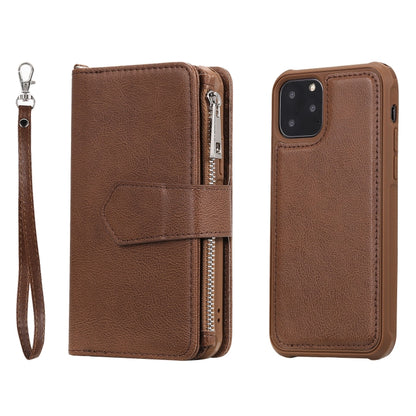 For iPhone 11 Pro 2 in 1 Solid Color Zipper Shockproof Protective Case with Card Slots & Bracket & Photo Holder & Wallet Function(Brown) - iPhone 11 Pro Cases by buy2fix | Online Shopping UK | buy2fix