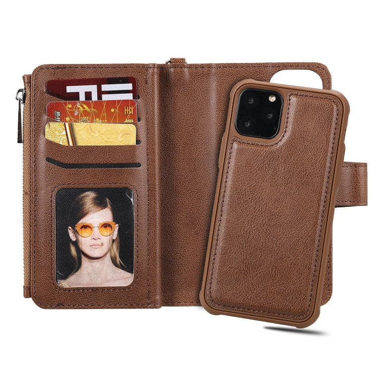 For iPhone 11 Pro 2 in 1 Solid Color Zipper Shockproof Protective Case with Card Slots & Bracket & Photo Holder & Wallet Function(Brown) - iPhone 11 Pro Cases by buy2fix | Online Shopping UK | buy2fix