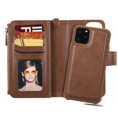 For iPhone 11 Pro 2 in 1 Solid Color Zipper Shockproof Protective Case with Card Slots & Bracket & Photo Holder & Wallet Function(Brown) - iPhone 11 Pro Cases by buy2fix | Online Shopping UK | buy2fix