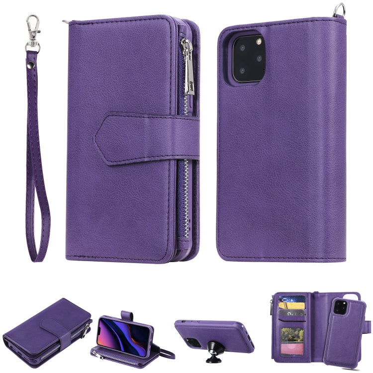 For iPhone 11 Pro 2 in 1 Solid Color Zipper Shockproof Protective Case with Card Slots & Bracket & Photo Holder & Wallet Function(Purple) - iPhone 11 Pro Cases by buy2fix | Online Shopping UK | buy2fix