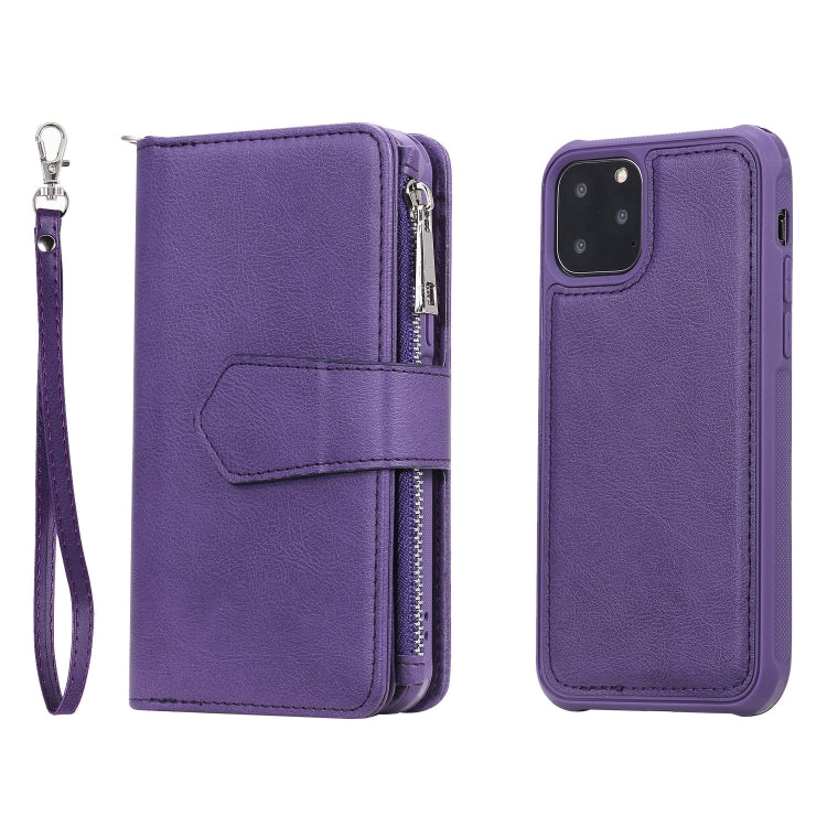 For iPhone 11 Pro 2 in 1 Solid Color Zipper Shockproof Protective Case with Card Slots & Bracket & Photo Holder & Wallet Function(Purple) - iPhone 11 Pro Cases by buy2fix | Online Shopping UK | buy2fix