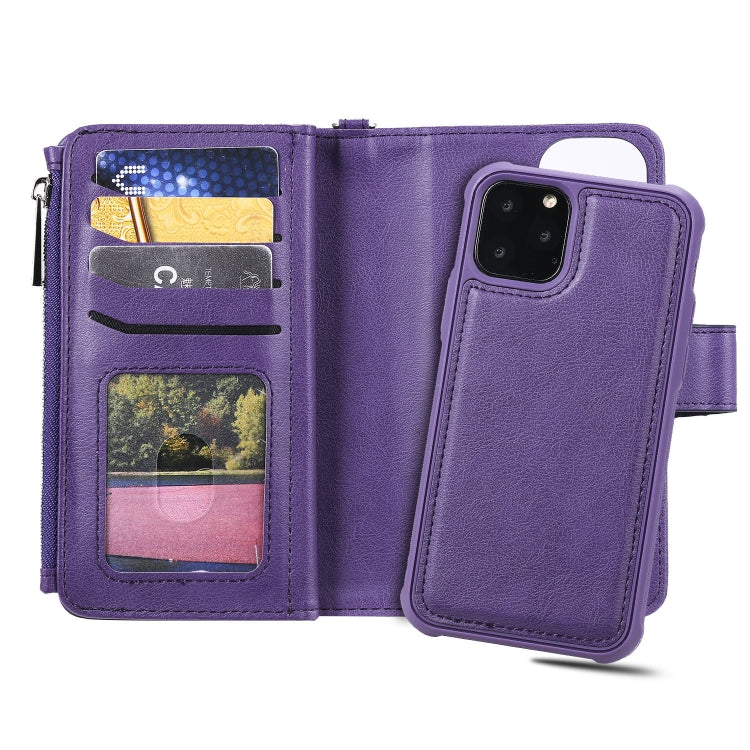 For iPhone 11 Pro 2 in 1 Solid Color Zipper Shockproof Protective Case with Card Slots & Bracket & Photo Holder & Wallet Function(Purple) - iPhone 11 Pro Cases by buy2fix | Online Shopping UK | buy2fix