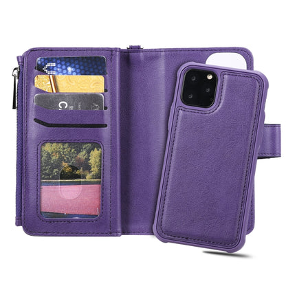 For iPhone 11 Pro 2 in 1 Solid Color Zipper Shockproof Protective Case with Card Slots & Bracket & Photo Holder & Wallet Function(Purple) - iPhone 11 Pro Cases by buy2fix | Online Shopping UK | buy2fix