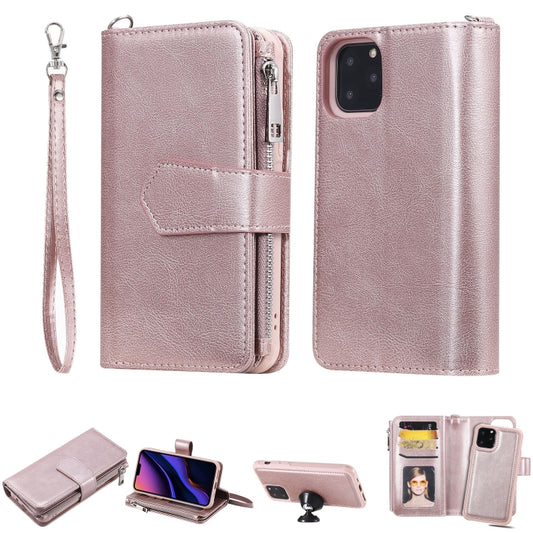 For iPhone 11 Pro 2 in 1 Solid Color Zipper Shockproof Protective Case with Card Slots & Bracket & Photo Holder & Wallet Function(Rose Gold) - iPhone 11 Pro Cases by buy2fix | Online Shopping UK | buy2fix