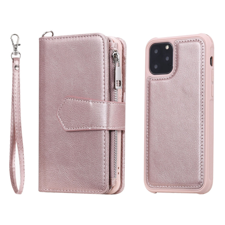 For iPhone 11 Pro 2 in 1 Solid Color Zipper Shockproof Protective Case with Card Slots & Bracket & Photo Holder & Wallet Function(Rose Gold) - iPhone 11 Pro Cases by buy2fix | Online Shopping UK | buy2fix