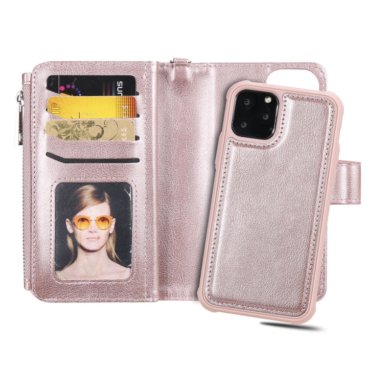 For iPhone 11 Pro 2 in 1 Solid Color Zipper Shockproof Protective Case with Card Slots & Bracket & Photo Holder & Wallet Function(Rose Gold) - iPhone 11 Pro Cases by buy2fix | Online Shopping UK | buy2fix