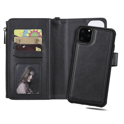 For iPhone 11 Pro Max 2 in 1 Solid Color Zipper Shockproof Protective Case with Card Slots & Bracket & Photo Holder & Wallet Function(Black) - iPhone 11 Pro Max Cases by buy2fix | Online Shopping UK | buy2fix