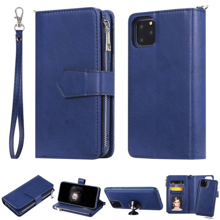 For iPhone 11 Pro Max 2 in 1 Solid Color Zipper Shockproof Protective Case with Card Slots & Bracket & Photo Holder & Wallet Function(Blue) - iPhone 11 Pro Max Cases by buy2fix | Online Shopping UK | buy2fix