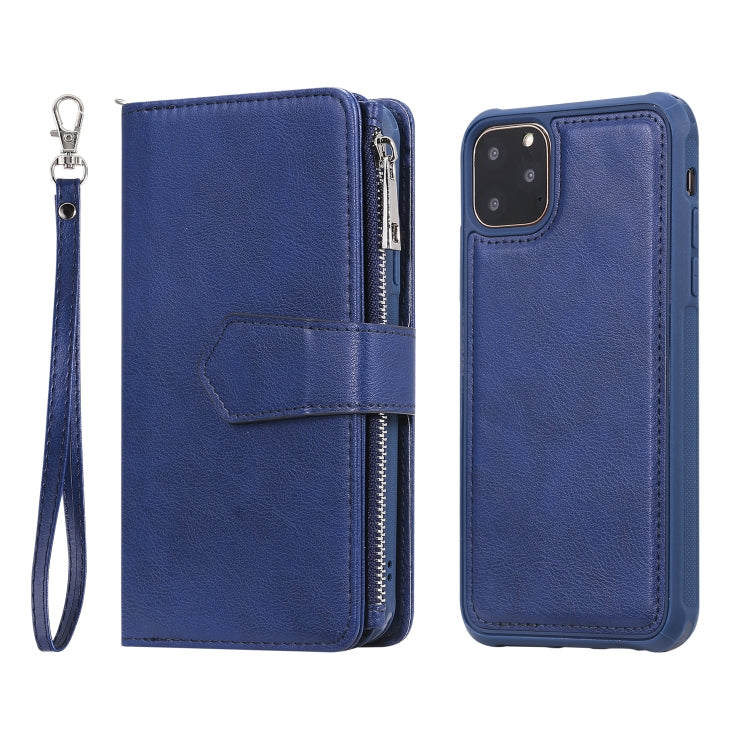 For iPhone 11 Pro Max 2 in 1 Solid Color Zipper Shockproof Protective Case with Card Slots & Bracket & Photo Holder & Wallet Function(Blue) - iPhone 11 Pro Max Cases by buy2fix | Online Shopping UK | buy2fix