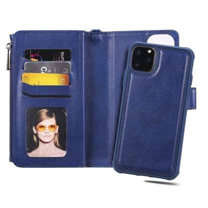 For iPhone 11 Pro Max 2 in 1 Solid Color Zipper Shockproof Protective Case with Card Slots & Bracket & Photo Holder & Wallet Function(Blue) - iPhone 11 Pro Max Cases by buy2fix | Online Shopping UK | buy2fix