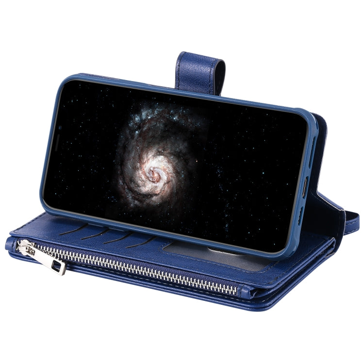 For iPhone 11 Pro Max 2 in 1 Solid Color Zipper Shockproof Protective Case with Card Slots & Bracket & Photo Holder & Wallet Function(Blue) - iPhone 11 Pro Max Cases by buy2fix | Online Shopping UK | buy2fix