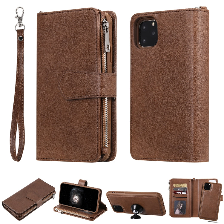 For iPhone 11 Pro Max 2 in 1 Solid Color Zipper Shockproof Protective Case with Card Slots & Bracket & Photo Holder & Wallet Function(Brown) - iPhone 11 Pro Max Cases by buy2fix | Online Shopping UK | buy2fix