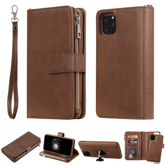 For iPhone 11 Pro Max 2 in 1 Solid Color Zipper Shockproof Protective Case with Card Slots & Bracket & Photo Holder & Wallet Function(Brown) - iPhone 11 Pro Max Cases by buy2fix | Online Shopping UK | buy2fix