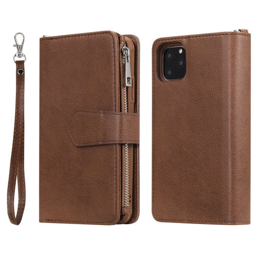 For iPhone 11 Pro Max 2 in 1 Solid Color Zipper Shockproof Protective Case with Card Slots & Bracket & Photo Holder & Wallet Function(Brown) - iPhone 11 Pro Max Cases by buy2fix | Online Shopping UK | buy2fix