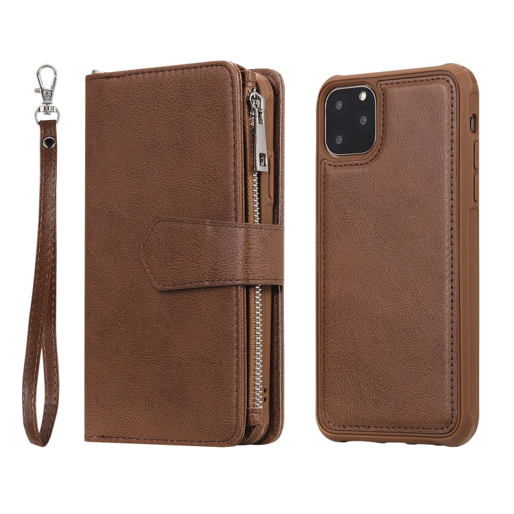For iPhone 11 Pro Max 2 in 1 Solid Color Zipper Shockproof Protective Case with Card Slots & Bracket & Photo Holder & Wallet Function(Brown) - iPhone 11 Pro Max Cases by buy2fix | Online Shopping UK | buy2fix