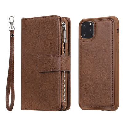 For iPhone 11 Pro Max 2 in 1 Solid Color Zipper Shockproof Protective Case with Card Slots & Bracket & Photo Holder & Wallet Function(Brown) - iPhone 11 Pro Max Cases by buy2fix | Online Shopping UK | buy2fix