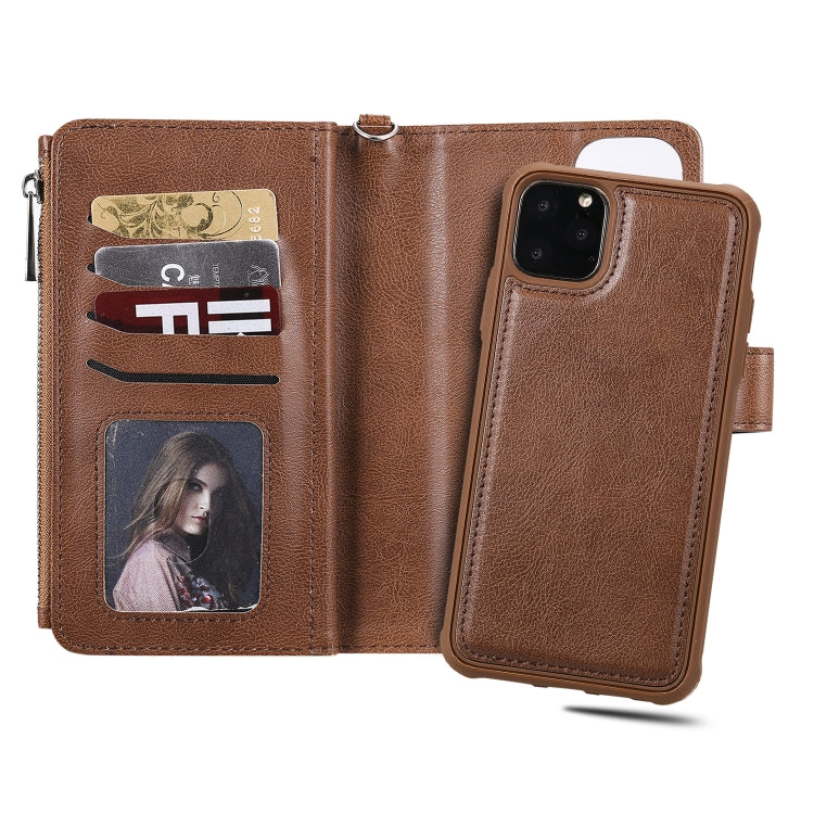 For iPhone 11 Pro Max 2 in 1 Solid Color Zipper Shockproof Protective Case with Card Slots & Bracket & Photo Holder & Wallet Function(Brown) - iPhone 11 Pro Max Cases by buy2fix | Online Shopping UK | buy2fix
