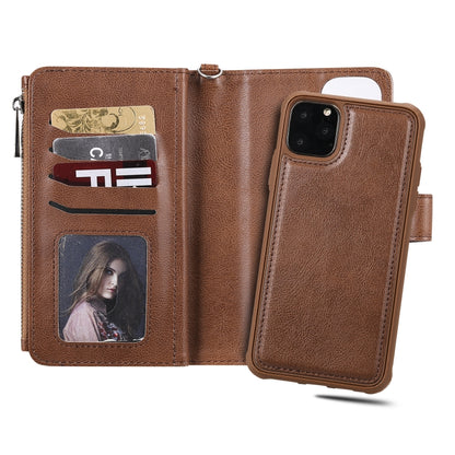 For iPhone 11 Pro Max 2 in 1 Solid Color Zipper Shockproof Protective Case with Card Slots & Bracket & Photo Holder & Wallet Function(Brown) - iPhone 11 Pro Max Cases by buy2fix | Online Shopping UK | buy2fix