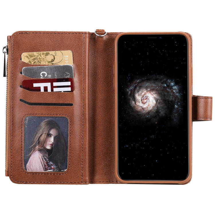 For iPhone 11 Pro Max 2 in 1 Solid Color Zipper Shockproof Protective Case with Card Slots & Bracket & Photo Holder & Wallet Function(Brown) - iPhone 11 Pro Max Cases by buy2fix | Online Shopping UK | buy2fix