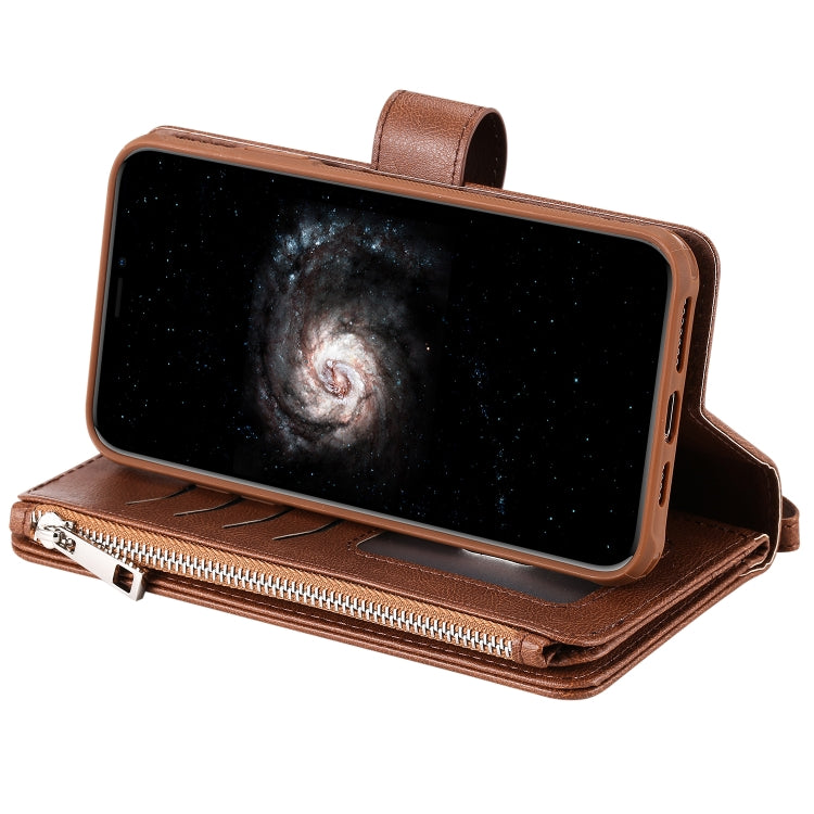 For iPhone 11 Pro Max 2 in 1 Solid Color Zipper Shockproof Protective Case with Card Slots & Bracket & Photo Holder & Wallet Function(Brown) - iPhone 11 Pro Max Cases by buy2fix | Online Shopping UK | buy2fix
