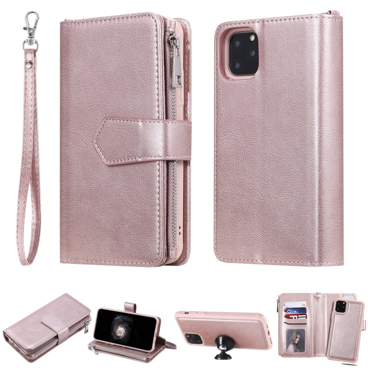 For iPhone 11 Pro Max 2 in 1 Solid Color Zipper Shockproof Protective Case with Card Slots & Bracket & Photo Holder & Wallet Function(Rose Gold) - iPhone 11 Pro Max Cases by buy2fix | Online Shopping UK | buy2fix