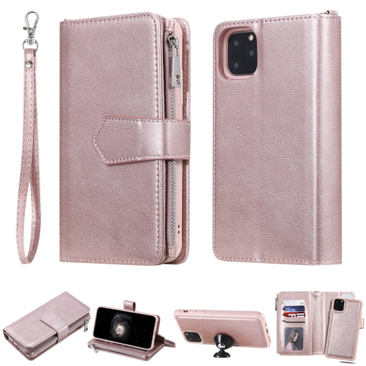 For iPhone 11 Pro Max 2 in 1 Solid Color Zipper Shockproof Protective Case with Card Slots & Bracket & Photo Holder & Wallet Function(Rose Gold) - iPhone 11 Pro Max Cases by buy2fix | Online Shopping UK | buy2fix