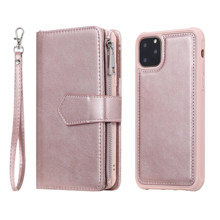 For iPhone 11 Pro Max 2 in 1 Solid Color Zipper Shockproof Protective Case with Card Slots & Bracket & Photo Holder & Wallet Function(Rose Gold) - iPhone 11 Pro Max Cases by buy2fix | Online Shopping UK | buy2fix