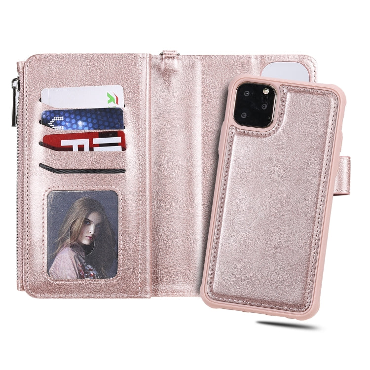 For iPhone 11 Pro Max 2 in 1 Solid Color Zipper Shockproof Protective Case with Card Slots & Bracket & Photo Holder & Wallet Function(Rose Gold) - iPhone 11 Pro Max Cases by buy2fix | Online Shopping UK | buy2fix